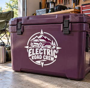 Electric road crew vinyl decal on purple vehicle cooler