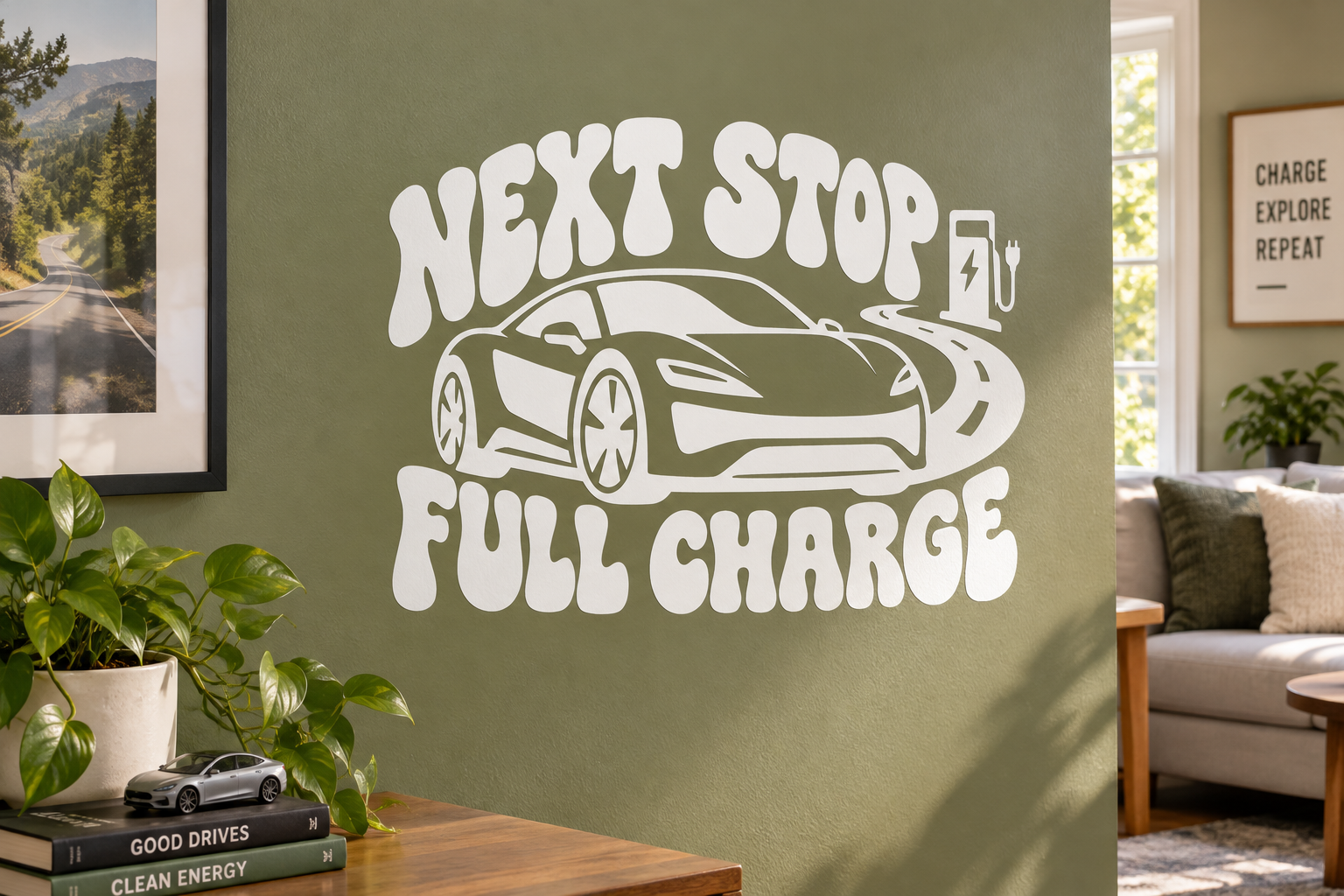 White electric vehicle vinyl decal: NEXT STOP FULL CHARGE with car and plug icon