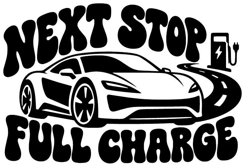 Black electric vehicle vinyl decal with NEXT STOP FULL CHARGE lettering and car plug icon