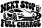 Black electric vehicle vinyl decal with NEXT STOP FULL CHARGE lettering and car plug icon