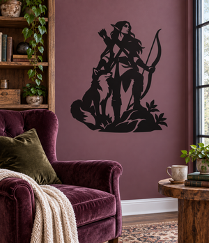 Fox friend ranger vinyl decal, black silhouette of archer with fox and bow