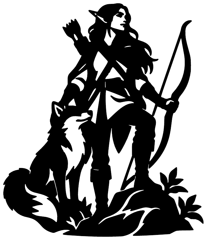 Fox friend ranger vinyl decal, black archer silhouette with fox, bow, and plants