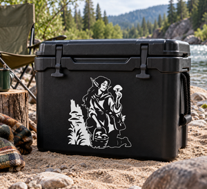 Black vinyl decal featuring an elf herbalist with mushrooms and plants