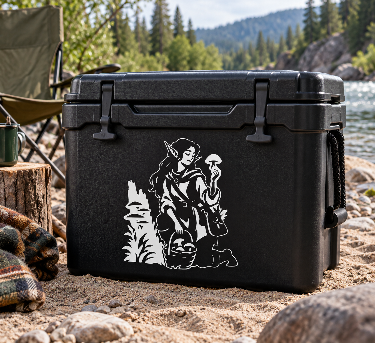 Black vinyl decal featuring an elf herbalist with mushrooms and plants