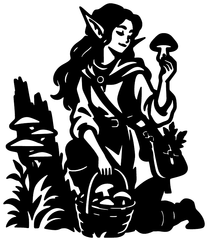 Black silhouette vinyl decal of an elf herbalist holding a mushroom
