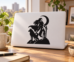 Black vinyl decal: elf warrior with sword, moon, and wolf silhouette