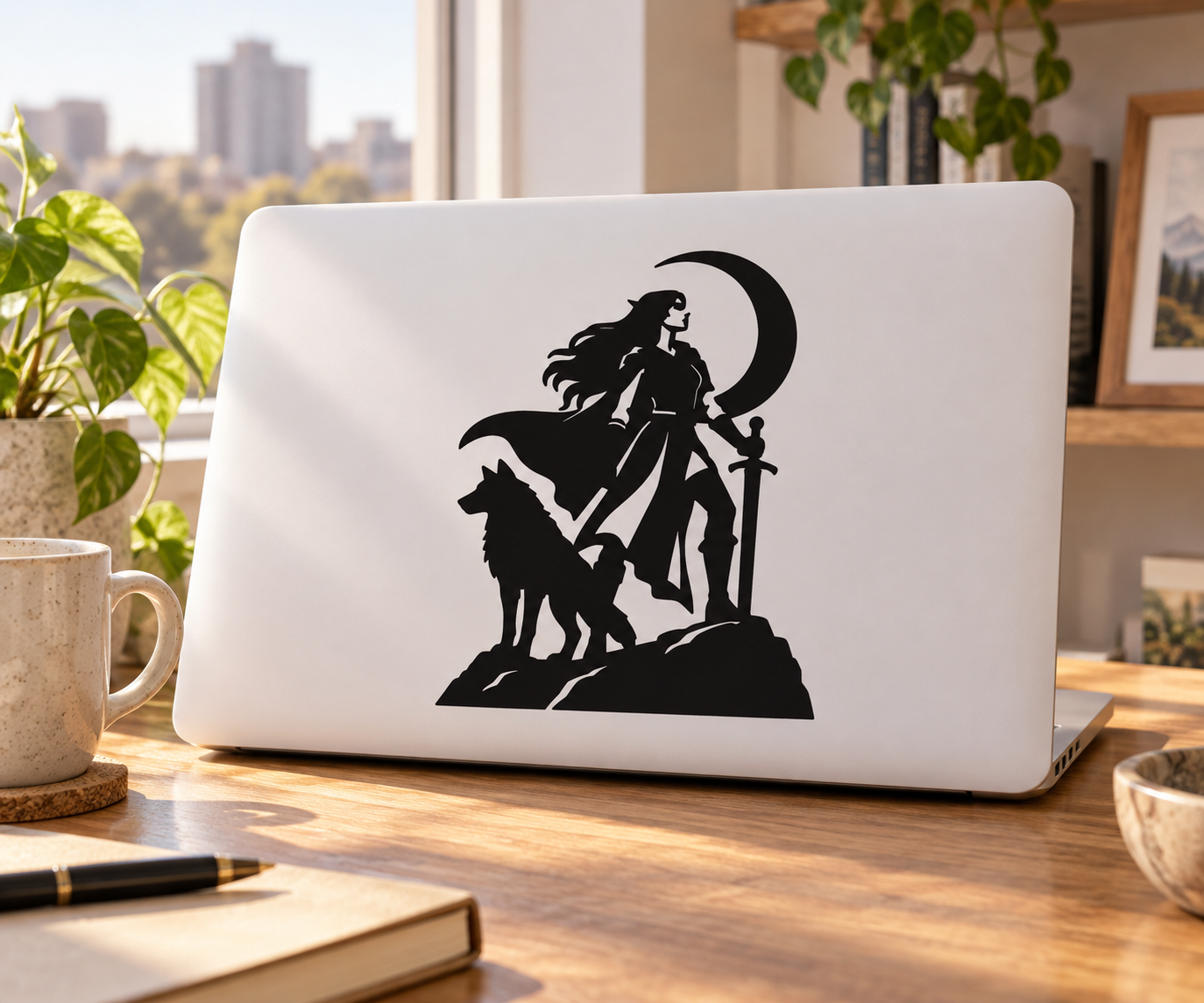 Black vinyl decal: elf warrior with sword, moon, and wolf silhouette
