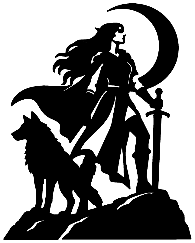 Black vinyl decal close-up: elf warrior with moon and sword, wolf figure at bottom