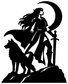 Black vinyl decal close-up: elf warrior with moon and sword, wolf figure at bottom
