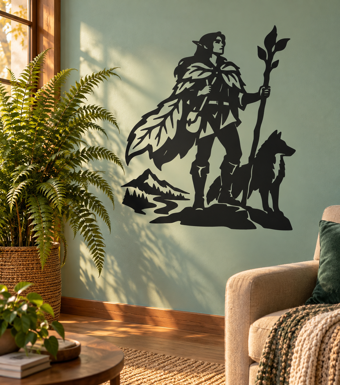Black vinyl wall decal of an elf traveler with leaf cape, staff, and companion animals