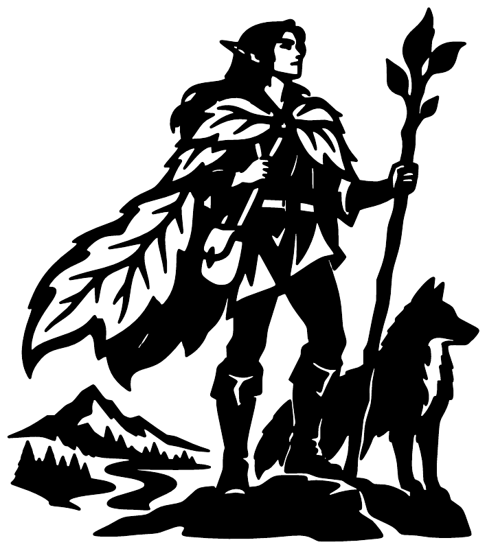 Black vinyl decal silhouette of an elf traveler with leaf cape, raised staff, and animals