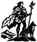 Black vinyl decal silhouette of an elf traveler with leaf cape, raised staff, and animals