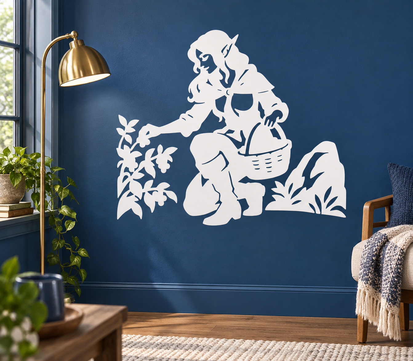 White vinyl wall decal of a girl holding berries and a basket, with leaves and flowers