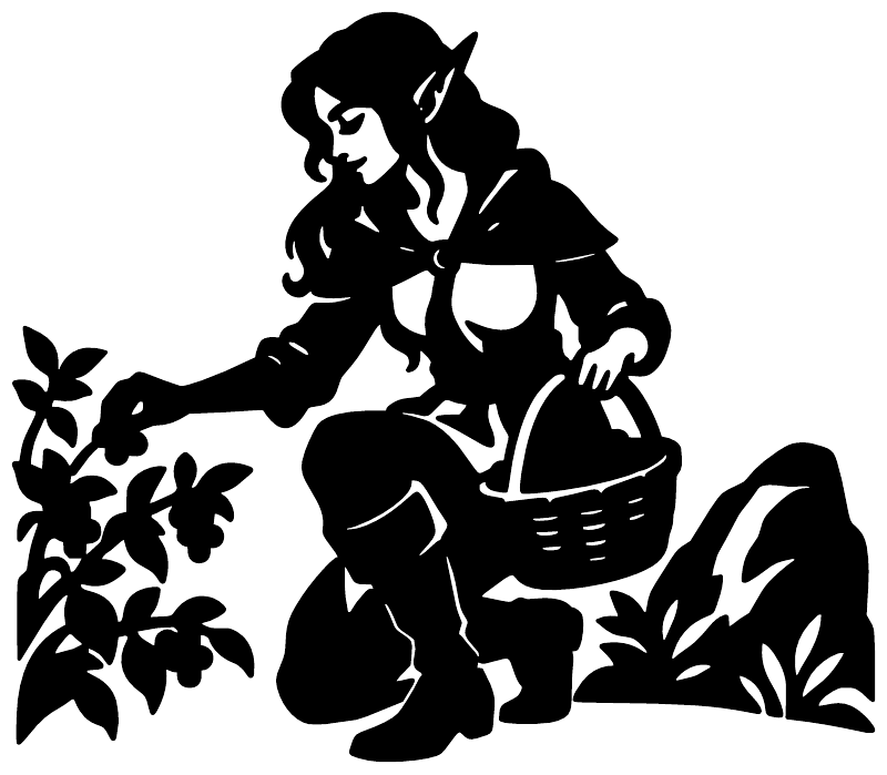 Black vinyl wall decal silhouette of a girl picking berries with basket and foliage