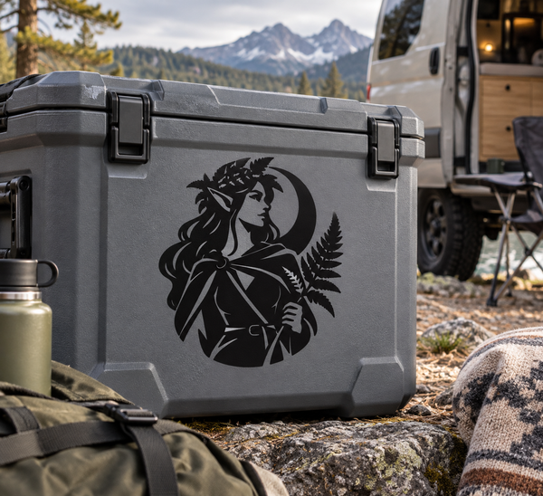 Gray cooler with black elf portrait vinyl decal, crown and fern leaves