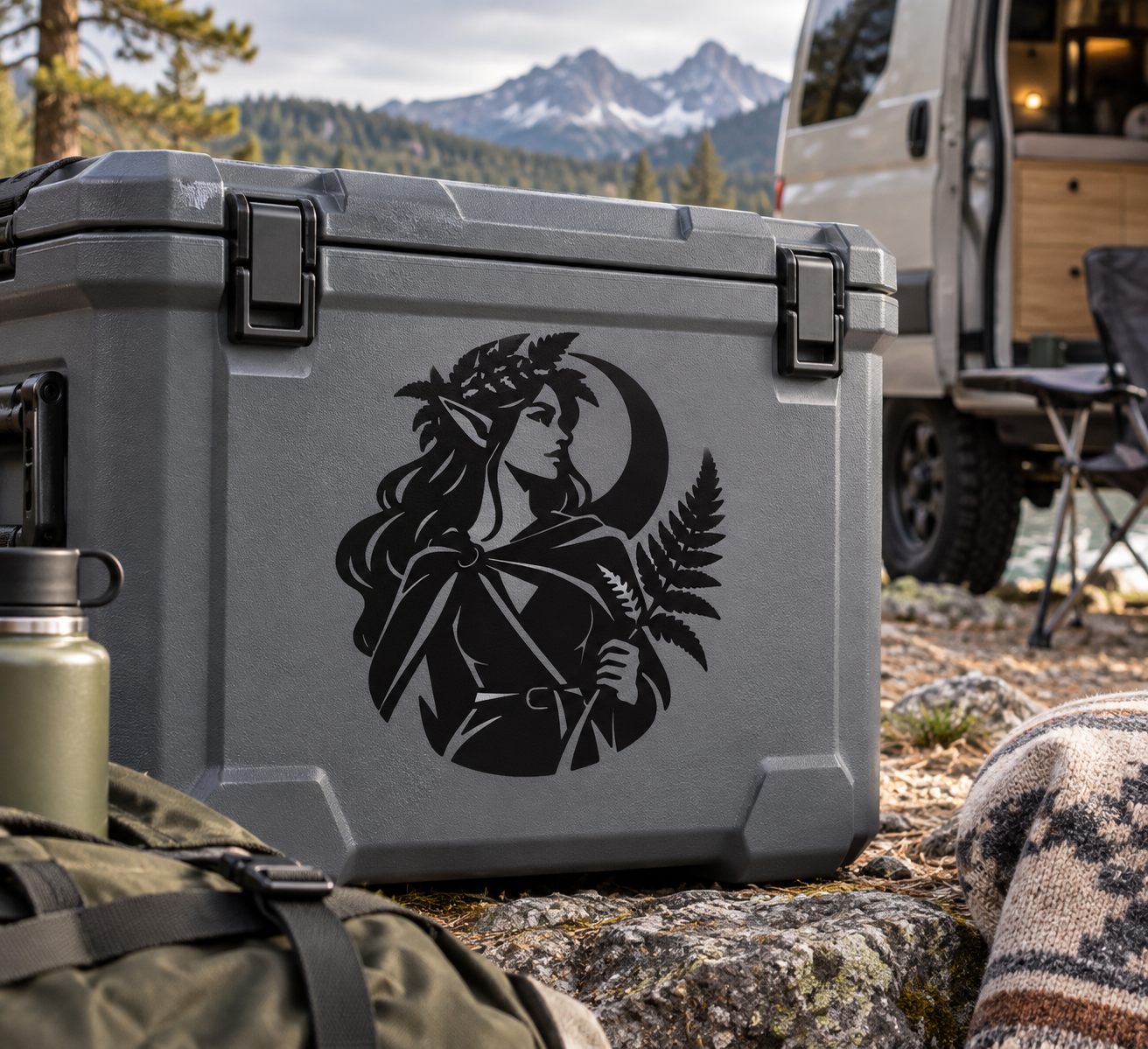 Gray cooler with black elf portrait vinyl decal, crown and fern leaves