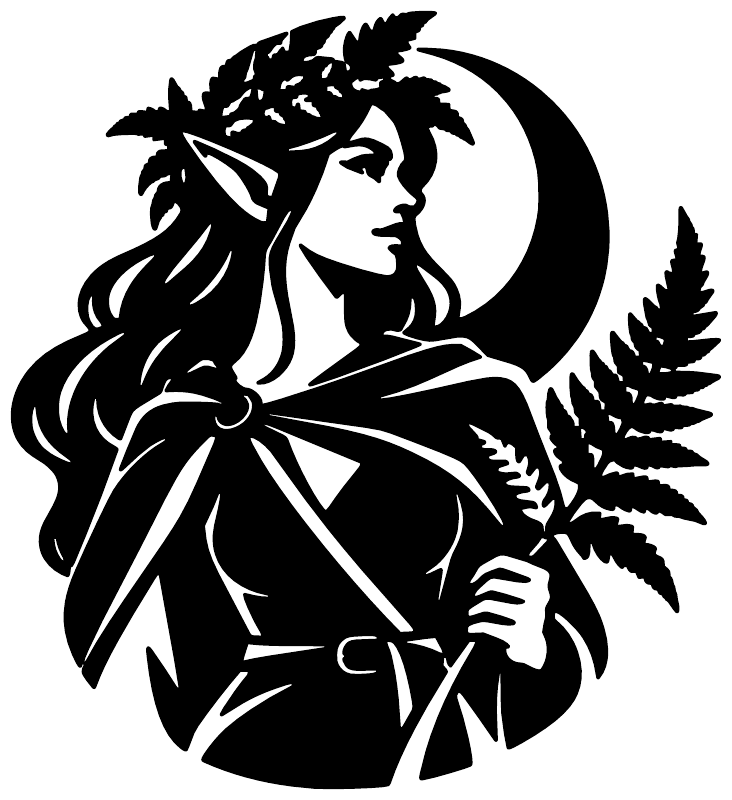 Black elf portrait vinyl decal silhouette with crown, fern leaves, and crescent moon