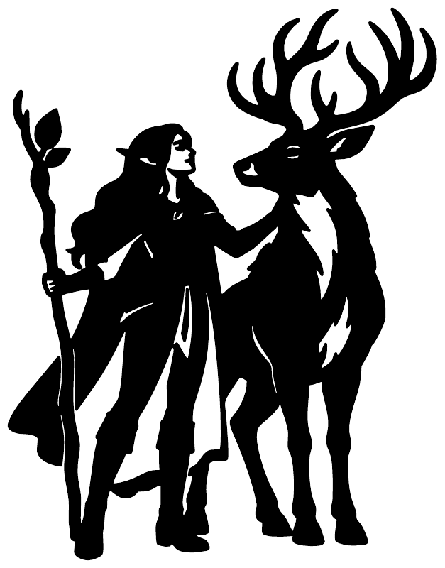 Black vinyl decal silhouette of woman with raised staff and stag companion