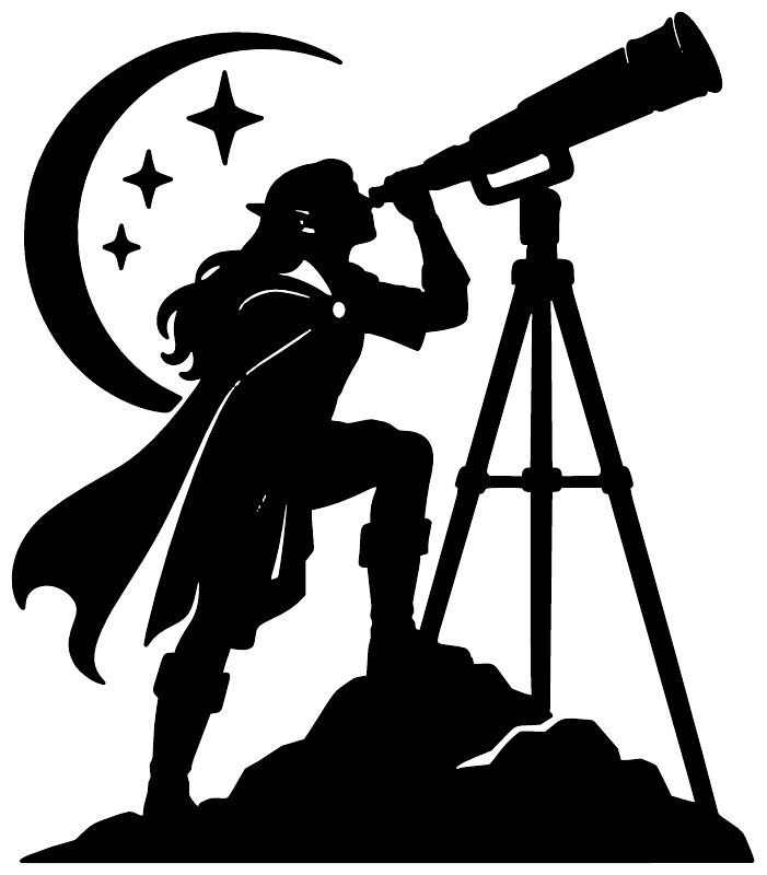 Black silhouette vinyl decal of elf raising telescope on tripod under moon and stars