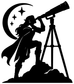 Black silhouette vinyl decal of elf raising telescope on tripod under moon and stars