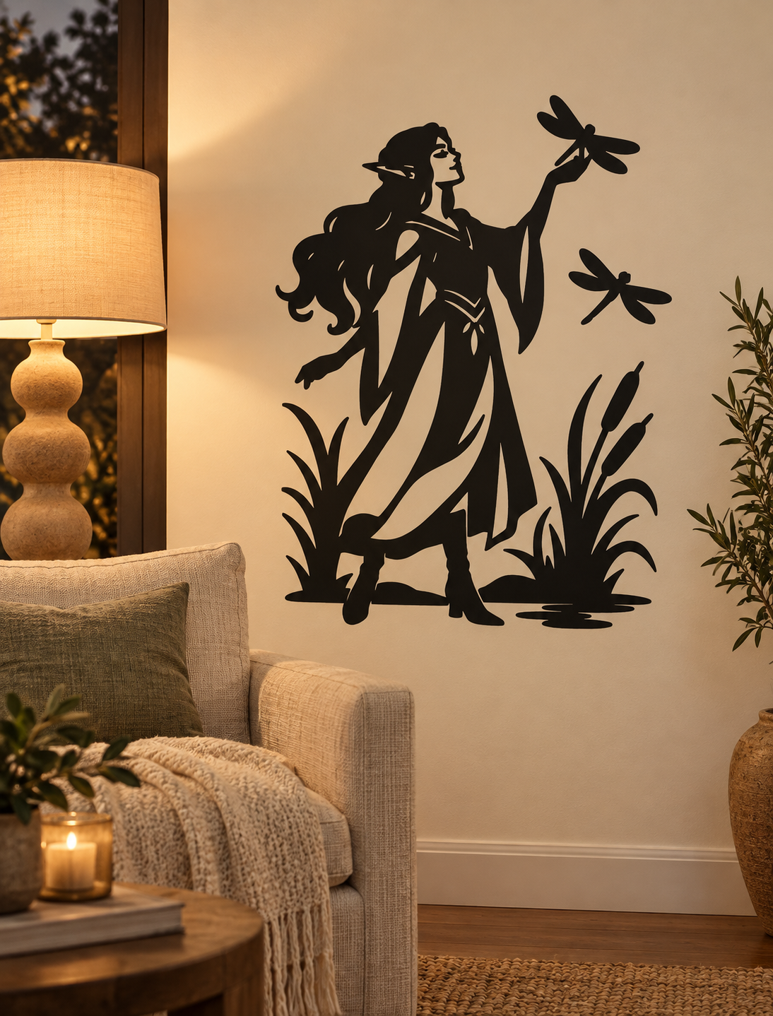 Black vinyl wall decal of an elf holding a dragonfly, with grass and dragonfly silhouettes