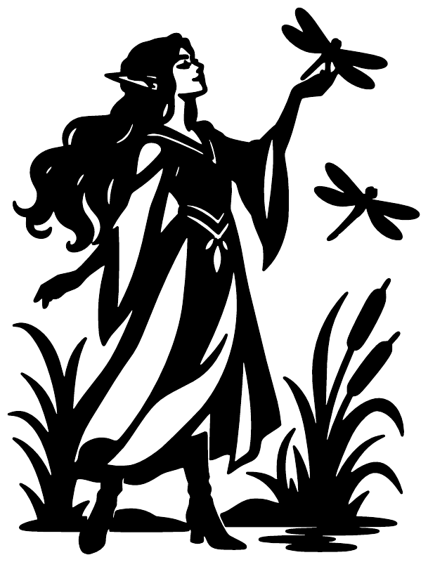 Black vinyl wall decal close-up of elf holding dragonfly above grass and wildflower shapes