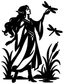 Black vinyl wall decal close-up of elf holding dragonfly above grass and wildflower shapes