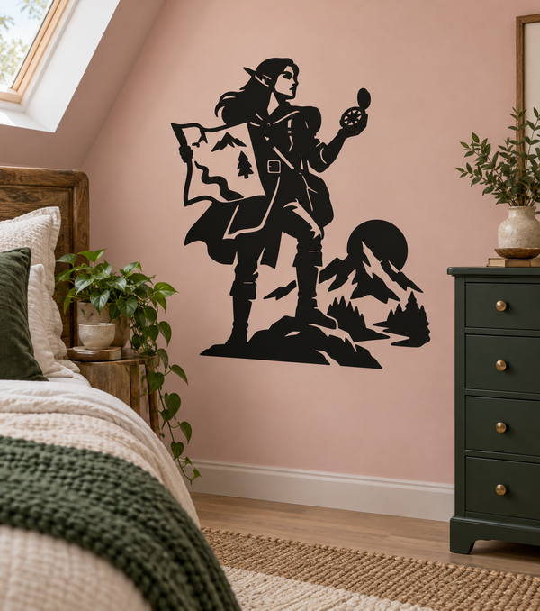 Black vinyl explorer silhouette with map, compass, and mountain landscape