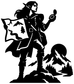 Black vinyl decal of explorer with map, compass, and mountain scenery