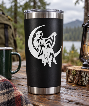 Harp player elf vinyl decal, white silhouette on black tumbler sleeve (ElfCX018)