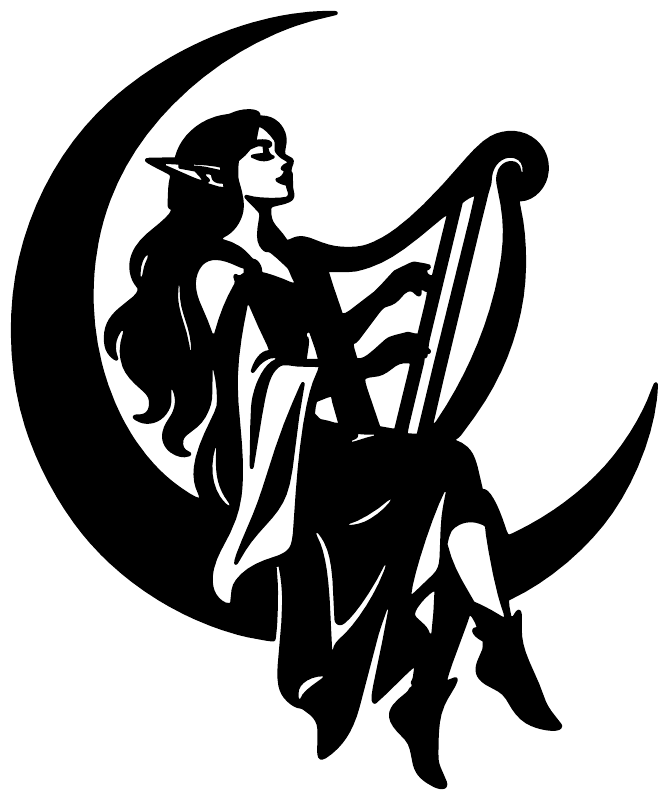 Harp player elf vinyl decal graphic, black silhouette with crescent moon shape