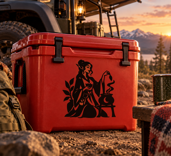 Black alchemist silhouette vinyl decal on red storage cooler lid, with candle and cauldron