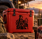 Black alchemist silhouette vinyl decal on red storage cooler lid, with candle and cauldron