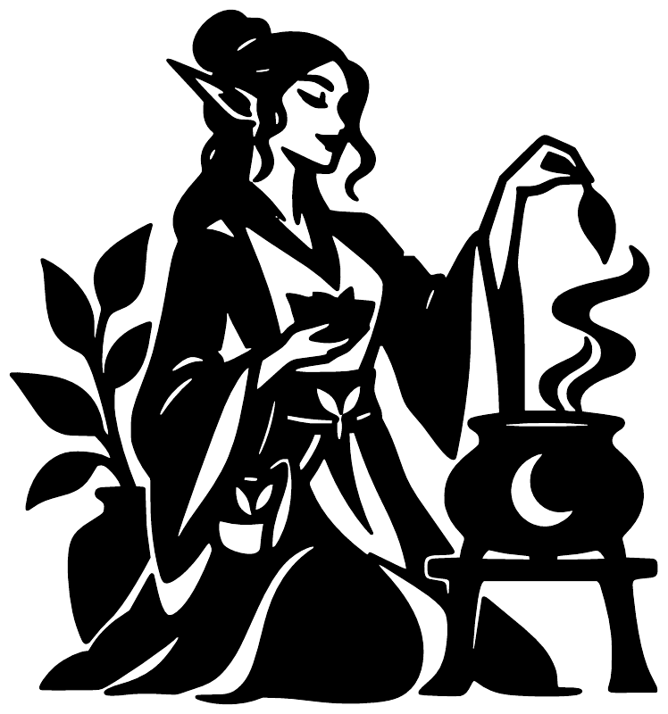 Black vinyl decal of alchemist woman holding tea leaves, with cauldron and crescent flame