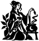 Black vinyl decal of alchemist woman holding tea leaves, with cauldron and crescent flame