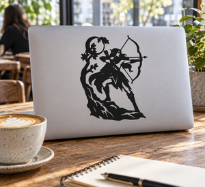 Wildwood Archer vinyl decal: black elf archer silhouette on light laptop lid