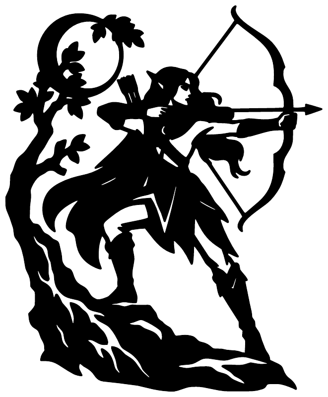Wildwood Archer vinyl decal, black elf archer silhouette with bow and arrow