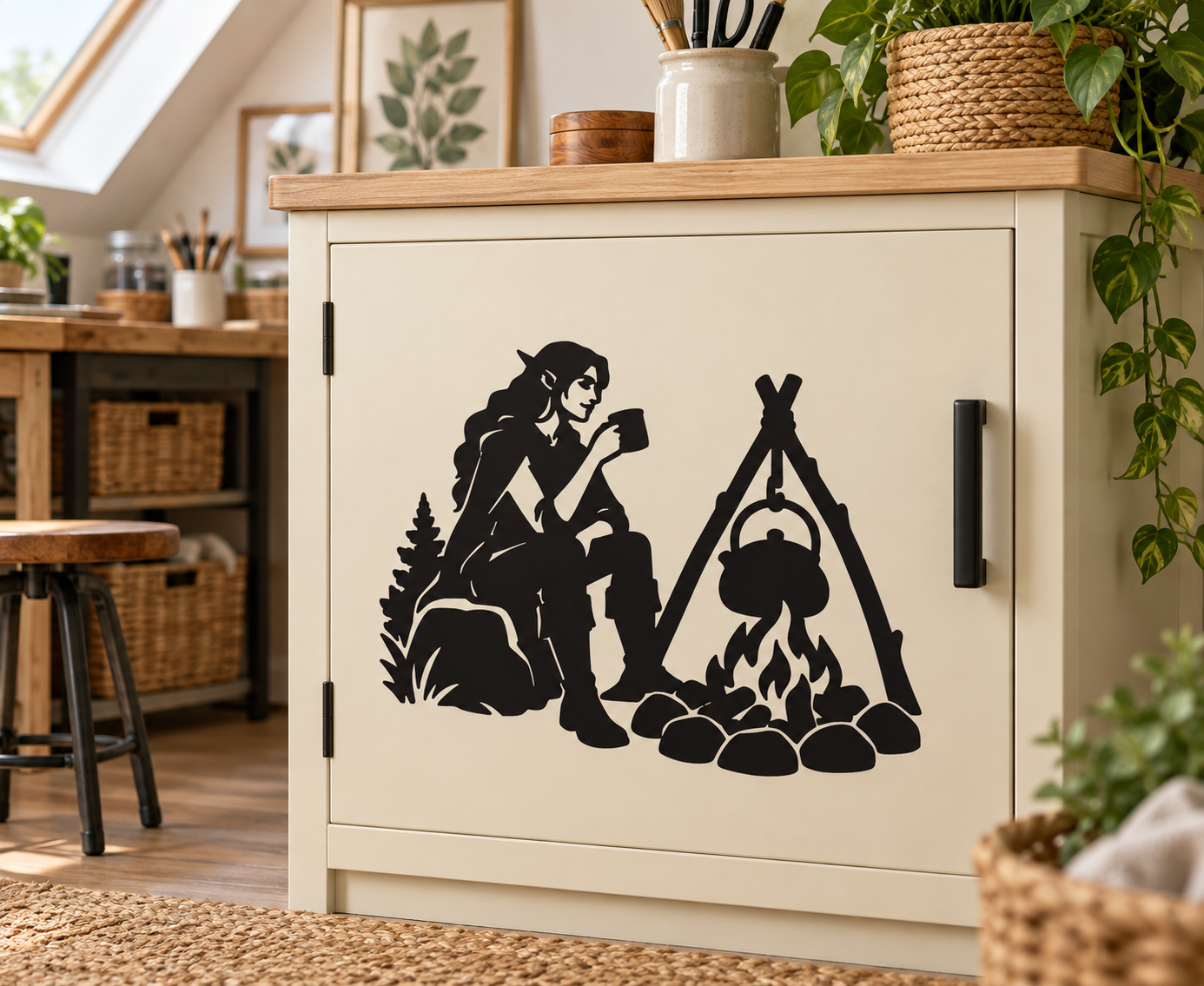 Black vinyl decal of an elf tending a campfire with a kettle hanging from a tripod