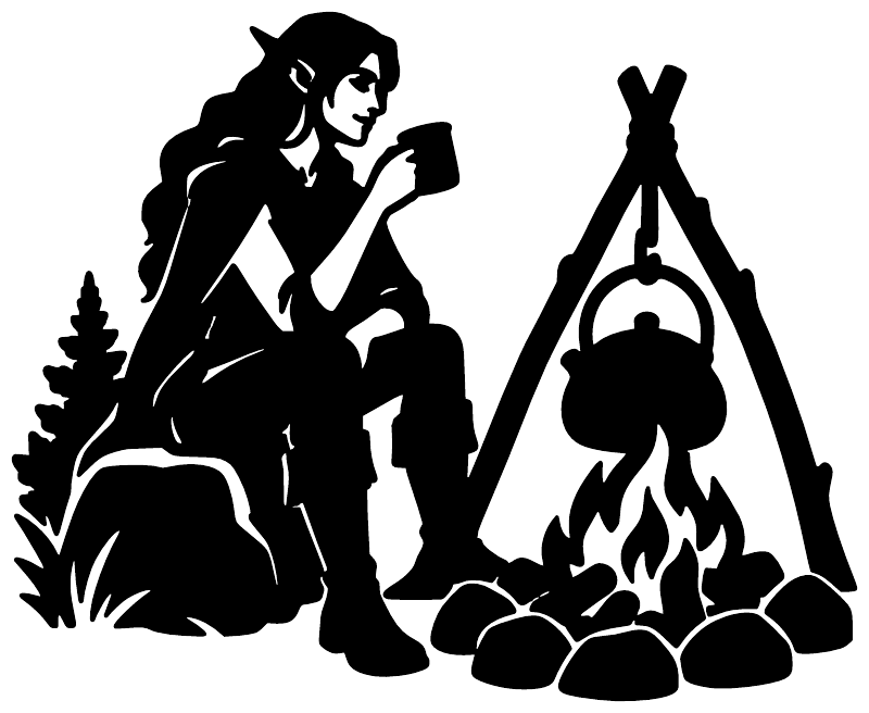 Black vinyl decal silhouette of an elf by campfire, with kettle hanging on tripod