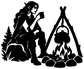 Black vinyl decal silhouette of an elf by campfire, with kettle hanging on tripod