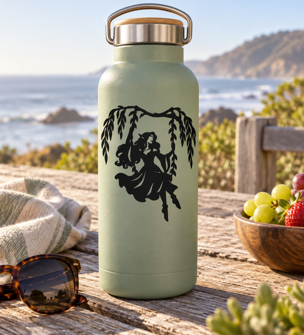 Vinyl decal of a black dancing figure with willow leaves on a light green bottle