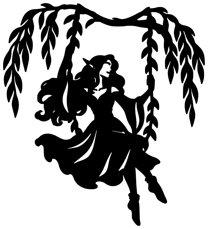 Black vinyl decal of a dancing woman with long hair and willow branches