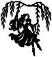 Black vinyl decal of a dancing woman with long hair and willow branches