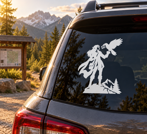 Raven messenger vinyl decal on car rear window: white raven, messenger, mountains.