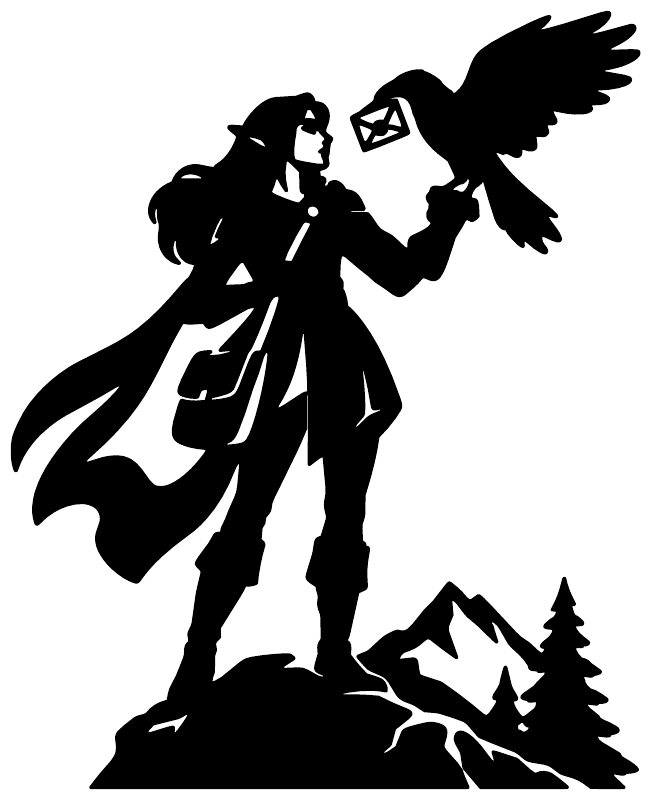 Black raven messenger vinyl decal silhouette with wings, pouch, and mountain scene.