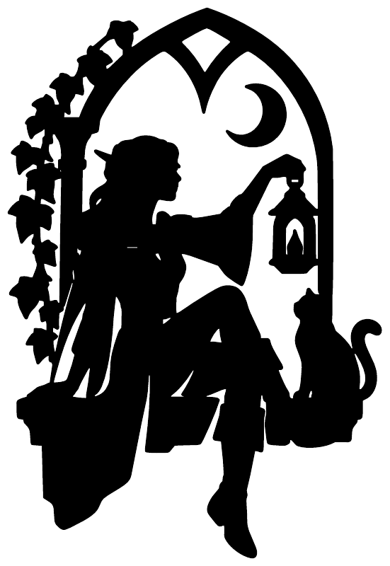 Black vinyl window decal with elf silhouette in arched lantern shape