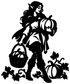 Black vinyl decal of pumpkin forager silhouette with basket, pumpkin, and autumn leaves