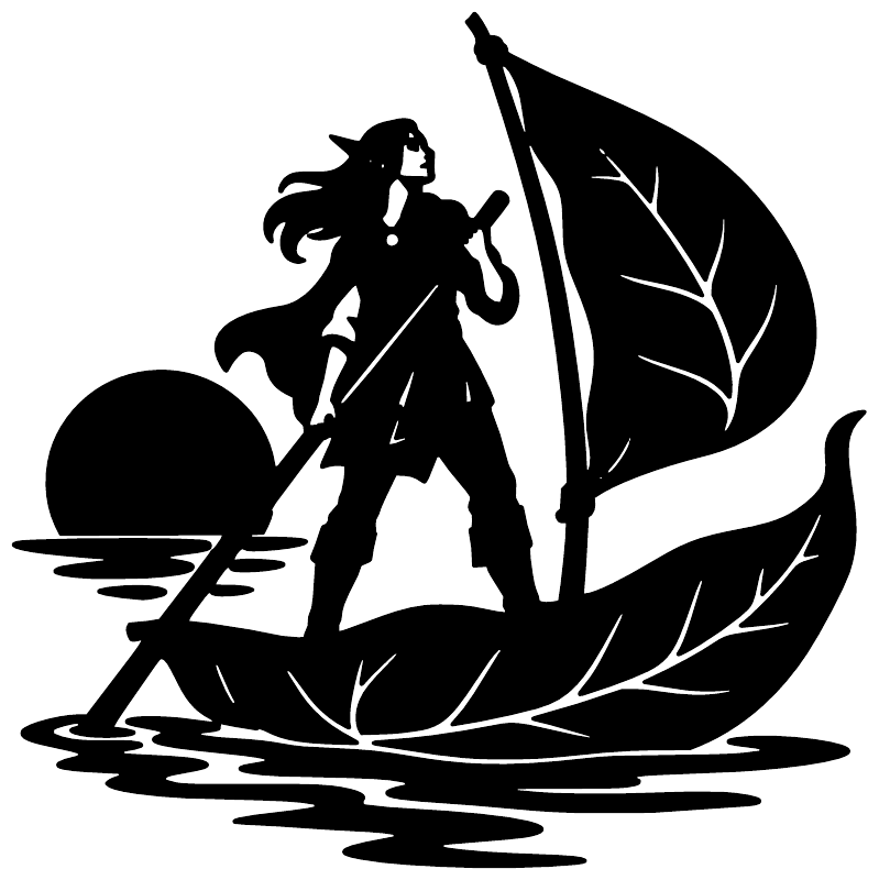 Leaf Boat Sailor vinyl decal, black silhouette of sailor on leaf boat with sail