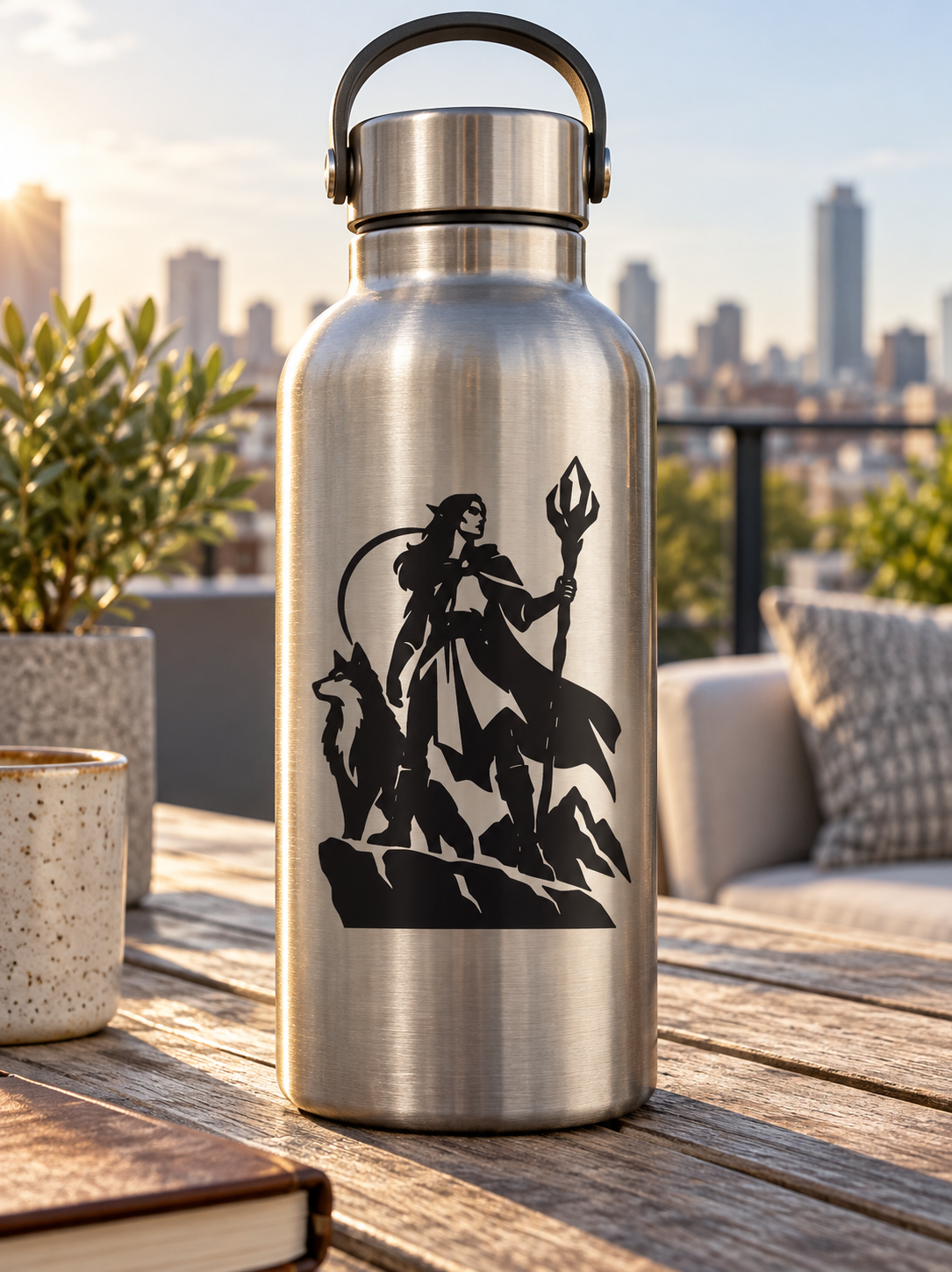Elf-themed vinyl decal silhouette on metal water bottle, black guardian character with staff
