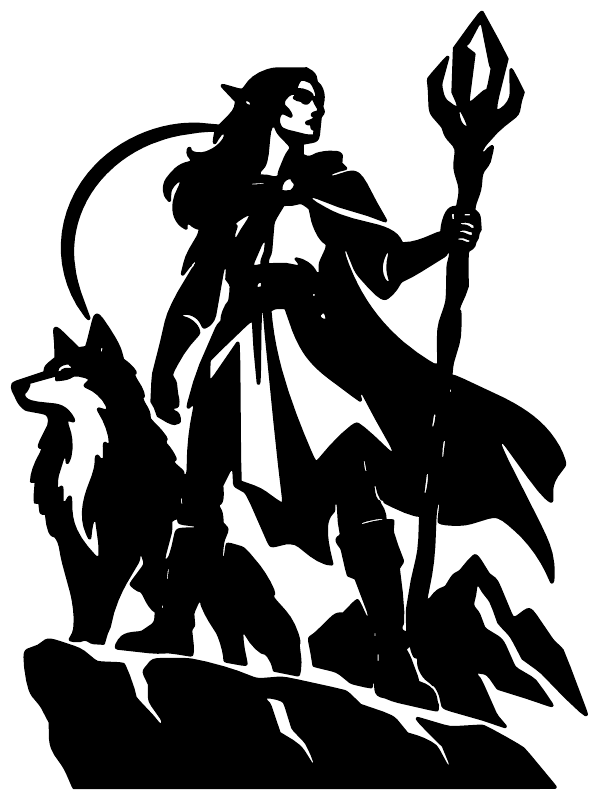 Black vinyl decal graphic of guardian elf with glowing staff, standing with wolf-like companion